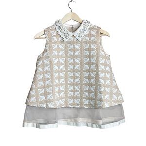 Embellished Collar Top Womens Small Sleeveless Textured Mesh Hem Mod Retro Chic